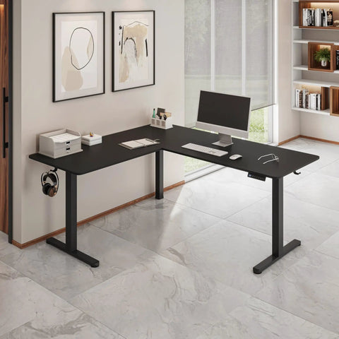 Boss Level L Shaped Electric Standing Desk With Smooth Glide Motors And Three Memory Presets For A Sick Gaming Station Or Remote Work Hub In Sleek Black Finish in modern office setting.