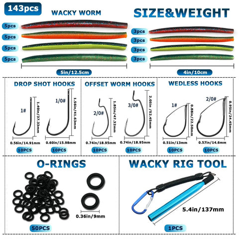 Pro Bass Fishing Wacky Rig Kit With 143 Piece Set Soft Plastic Worms In Four Colors 50 O Rings 40 Hooks And Wacky Rig Tool Plus Storage