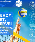 Player about to spike volleyball over net with text 'Ready, Set, Serve!' Regulation 32X3 Foot Outdoor Volleyball Net Set With Poles 8.5 Inch PU