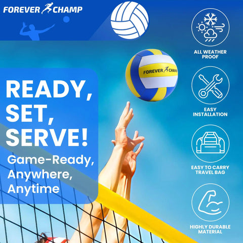 Player about to spike volleyball over net with text 'Ready, Set, Serve!' Regulation 32X3 Foot Outdoor Volleyball Net Set With Poles 8.5 Inch PU