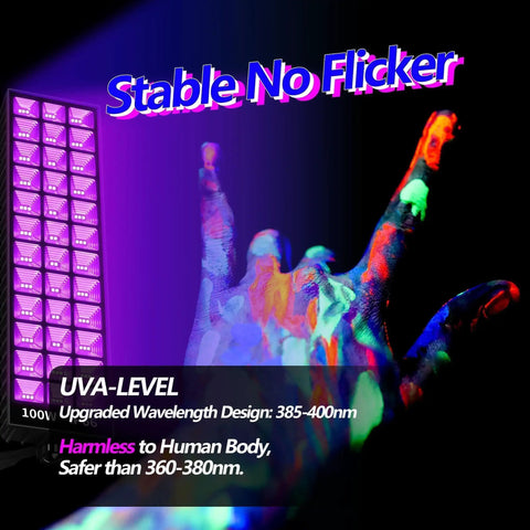 Two Pack 100W LED Black Light Bar 385-400nm Ultra Bright UV Glow Lights illuminating colorful fluorescent hand