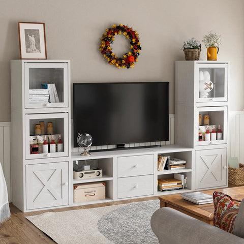 Stackable Cube Storage Organizer For Home And Office DIY Modular Shelving Cubes For Books Clothes Toys And Decor Built With Sturdy 18mm Panels Hidden Bolts Anti Tip Kit Mortise And Tenon Joints Free Stacking Design In White Washed Finish around TV in living room