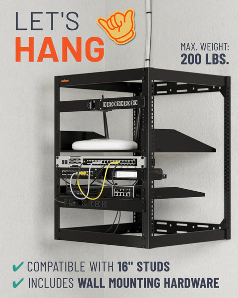 15U Open Frame Server Rack With Wall Mountable Design Including Vented Shelves, 25 Rack Screws, Four Leveling Feet in use