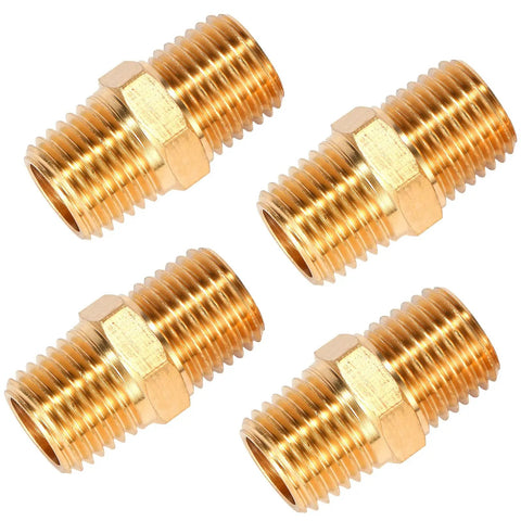 Set Of 4 Beefed Up Solid Brass Hex Nipple Pipe Fittings One Quarter Inch NPT Male To One Quarter Inch NPT Male O D One Half Inch On Each End Durable Plumbing Adapter For Hose And Pipe Systems
