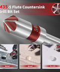 Five Piece Cobalt 5 Flute Countersink Drill Bit Set Heavy Duty M35 82 Degree Chamfer Tool Set displayed on various materials