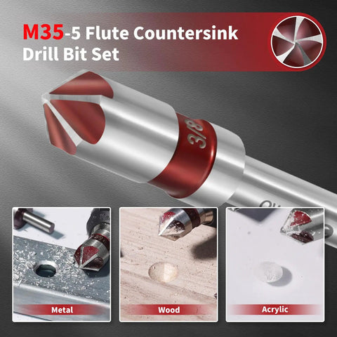 Five Piece Cobalt 5 Flute Countersink Drill Bit Set Heavy Duty M35 82 Degree Chamfer Tool Set displayed on various materials