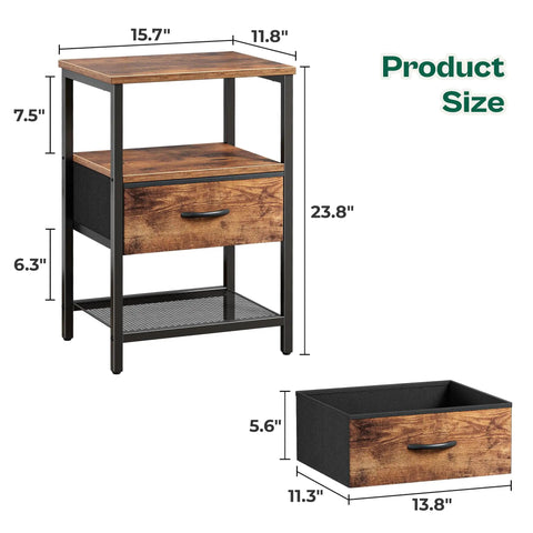 Dimensions of Two Pack Nightstand Set With Fabric Drawers And Mesh Shelf, Open Storage, And Sturdy Metal Frame In Rustic Brown shown