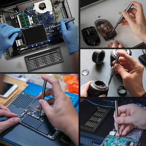 Top Tier 31 In 1 Precision Screwdriver Set Featuring Slick Magnetic Bits And Pry Tools Foolproof Electronics Repair Kit in use on laptops and cameras.
