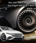 Premium 4 Pack Wheel Center Caps For Cars Trucks And Suv Snap In Rim Hub Covers waterproof caps on a sleek black wheel rim.