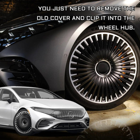 Premium 4 Pack Wheel Center Caps For Cars Trucks And Suv Snap In Rim Hub Covers waterproof caps on a sleek black wheel rim.