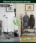 All In One Golf Bag Storage Organizer For Garage Or Shed Double Bag Stand With Extra Wide Shelves before and after setup view