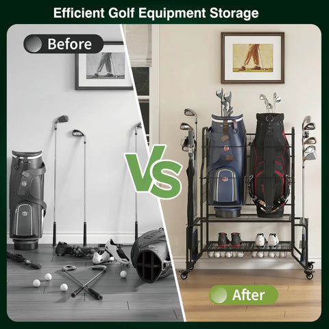 All In One Golf Bag Storage Organizer For Garage Or Shed Double Bag Stand With Extra Wide Shelves before and after setup view