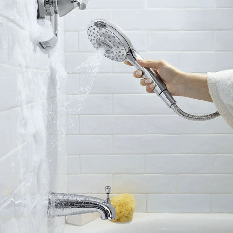 Handheld Shower Head With Four Spray Modes Drench Power Wash Sensitive And Aqua Toggle 2.5 GPM Polished Chrome in use