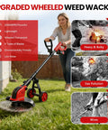 Cordless 12 Inch Weed Wacker With Wheels 21V 2x3000mAh Battery 800W Brushless Motor 4 Blade Types 20000 RPM Grass Trimmer For Garden Yard Long Battery Life And Quick Swap Blades Lightweight Yet Mighty. woman using wheeled red weed wacker on lawn