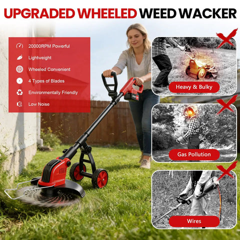Cordless 12 Inch Weed Wacker With Wheels 21V 2x3000mAh Battery 800W Brushless Motor 4 Blade Types 20000 RPM Grass Trimmer For Garden Yard Long Battery Life And Quick Swap Blades Lightweight Yet Mighty. woman using wheeled red weed wacker on lawn