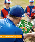 Baseball coach using Baseball Lineup Board for Dugout with Movable Lineup Cards and Marker Clipboard during baseball huddle.
