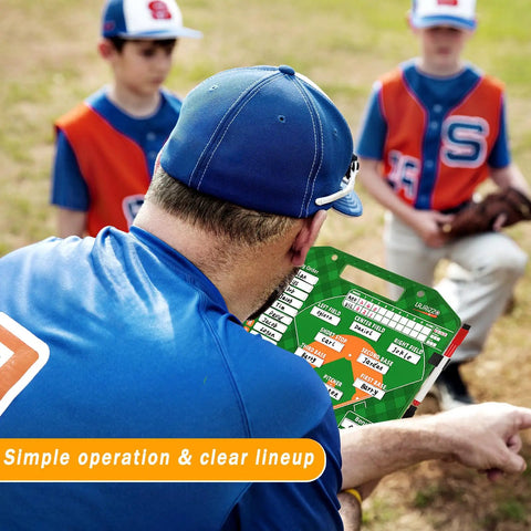 Baseball coach using Baseball Lineup Board for Dugout with Movable Lineup Cards and Marker Clipboard during baseball huddle.