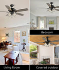 Crystal 52 Inch Ceiling Fan With Lights Remote Slick 6 Speed DC Motor Farmhouse Caged Design Black Finish 3 Light Kit