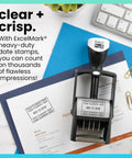 Top Shelf Heavy Duty Self Inking Date Stamp Black customizable with four lines of text on paper for inventory tasks.