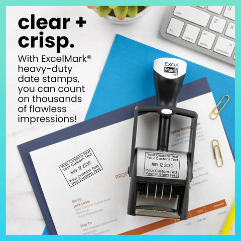 Top Shelf Heavy Duty Self Inking Date Stamp Black customizable with four lines of text on paper for inventory tasks.