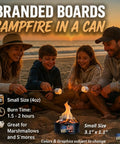 Pocket Sized Bonfire In A Can Portable Campfire with family roasting marshmallows on a beach, showing size and burn time details.