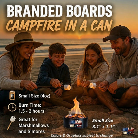 Pocket Sized Bonfire In A Can Portable Campfire with family roasting marshmallows on a beach, showing size and burn time details.
