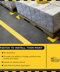 Built Like A Rock 5S Floor Marking Tape Yellow 6 Inch Wide 100 Foot Roll Heavy Duty Industrial Beveled Edge tape on warehouse floor.