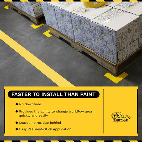 Built Like A Rock 5S Floor Marking Tape Yellow 6 Inch Wide 100 Foot Roll Heavy Duty Industrial Beveled Edge tape on warehouse floor.