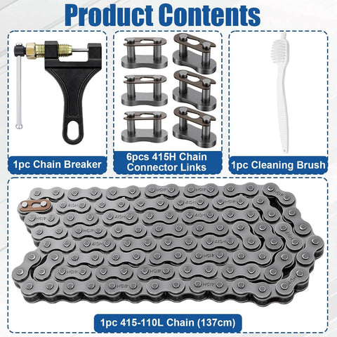 Heavy Duty 415H Motorized Chain 110L with breaker, connector links, and cleaning brush for dirt bikes and ATVs