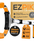 EZPIK Pro 43-inch foldable grabber reacher tool, orange and black, heavy-duty long-reach picker with box.