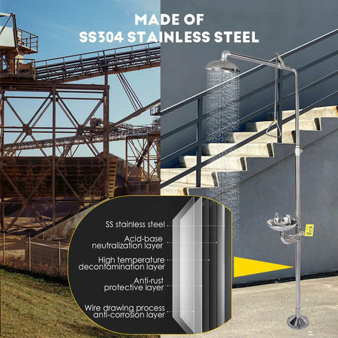 Heavy Duty Emergency Shower And Eyewash Station Combination Unit Built In Stainless Steel 304 Industrial Grade And Tough As Nails Safety Shower Eyewash With Eyewash Sign And NPT Thread