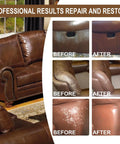 Leather And Vinyl Repair Kit For Cars And Home Furniture Fix Scratches Tears And Holes On Leather Seats Sofas And Upholstery Pro Grade Repair For Real And Synthetic Leather And Vinyl Black Easy To Use Lookin Fresh shown on repaired brown leather sofa with before and after results.