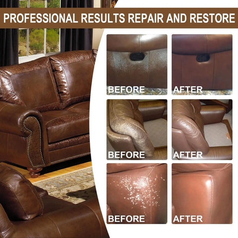 Leather And Vinyl Repair Kit For Cars And Home Furniture Fix Scratches Tears And Holes On Leather Seats Sofas And Upholstery Pro Grade Repair For Real And Synthetic Leather And Vinyl Black Easy To Use Lookin Fresh shown on repaired brown leather sofa with before and after results.
