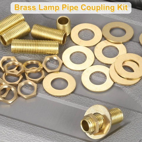 Two Pack Brass Lamp Repair Hardware Kit with 1.57 Inch Brass Pipe, Lock Nuts, Washers, NPT Threaded Nipples, Gold Tone