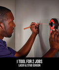 Man using 2-In-1 Laser Level And Stud Sensor Pro Grade Tool With Self Leveling Beam, 1/8 Inch Accuracy on wall.