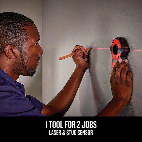 Man using 2-In-1 Laser Level And Stud Sensor Pro Grade Tool With Self Leveling Beam, 1/8 Inch Accuracy on wall.