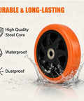 Six Inch Caster Replacement Wheels Four Pack Orange Heavy Duty Polyurethane With Hardened Steel Core Non Marking Tread Smooth Rollin Across Concrete And Wood Floors showing waterproof features and durable design.
