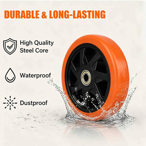 Six Inch Caster Replacement Wheels Four Pack Orange Heavy Duty Polyurethane With Hardened Steel Core Non Marking Tread Smooth Rollin Across Concrete And Wood Floors showing waterproof features and durable design.