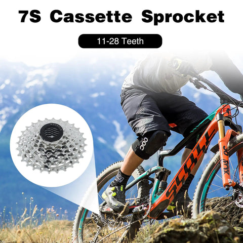 Bike Cassette Sprocket 7 Speed 11-28T for Mountain Bike MTB shown with rider descending on trail