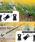 Stand Up Weed Puller With 68 Inch Long Handle, 2 In 1 Weed Rake And Garden Hoe Combo shown removing weeds and loosening soil