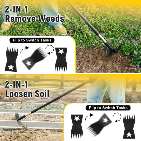 Stand Up Weed Puller With 68 Inch Long Handle, 2 In 1 Weed Rake And Garden Hoe Combo shown removing weeds and loosening soil