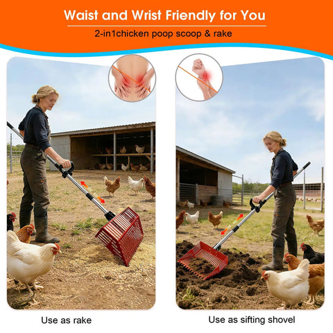 Person using 2-In-1 Chicken Poop Scooper And Rake With Adjustable Angle And Handle Sand Sifter Shovel in chicken coop.