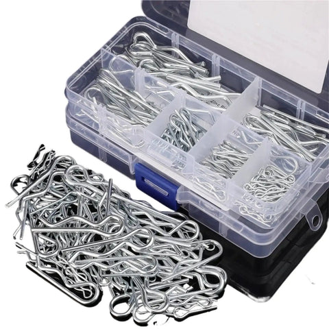 R Clip Wave Style Cotter Pin Set 200 300 Pieces Steel Spring Split Clips in box with various sizes visible