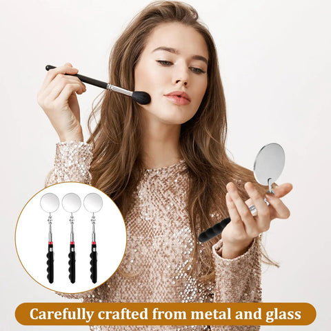 Woman using Six Piece Telescoping Inspection Mirror Set With Retractable Long Handles Extendable Up To 29 Inches 360 Degree Rotating Under Vehicle Mirror Durable Anti Rust Metal For Technicians Mechanics And Contractors, showcasing a close-up of the mirror set.