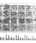Built Different Heavy Duty 304 Stainless Steel Metric Fastener Assortment Kit Covering M2 Through M6 Phillips Pan Head Combination Screws Matching Hex Nuts, organized in transparent case.