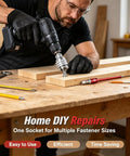Man using Adjustable Multi Function Socket Wrench With Auto Grip Ratchet on wood, showing ease of multi-size fastener extraction.