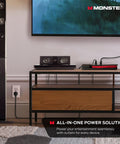 Living room setup with Vertex Dope Surge Protector With Detachable USB Power Strip on shelf, powering electronics.
