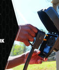 Beefy 30A Portable Surge Guard With Cover For Outdoor Use, easy pull handle shown during connection to park power pedestal.