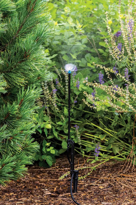 Close Coverage Drip Irrigation Fan Spray On Riser Stake in garden, 180 Degree Half Circle Pattern, 4 Foot Spray Distance, above foliage
