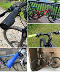 Collage of bikes with various ergonomic mountain bike grips with palm pad for all day comfort and pain relief; turquoise grips included.